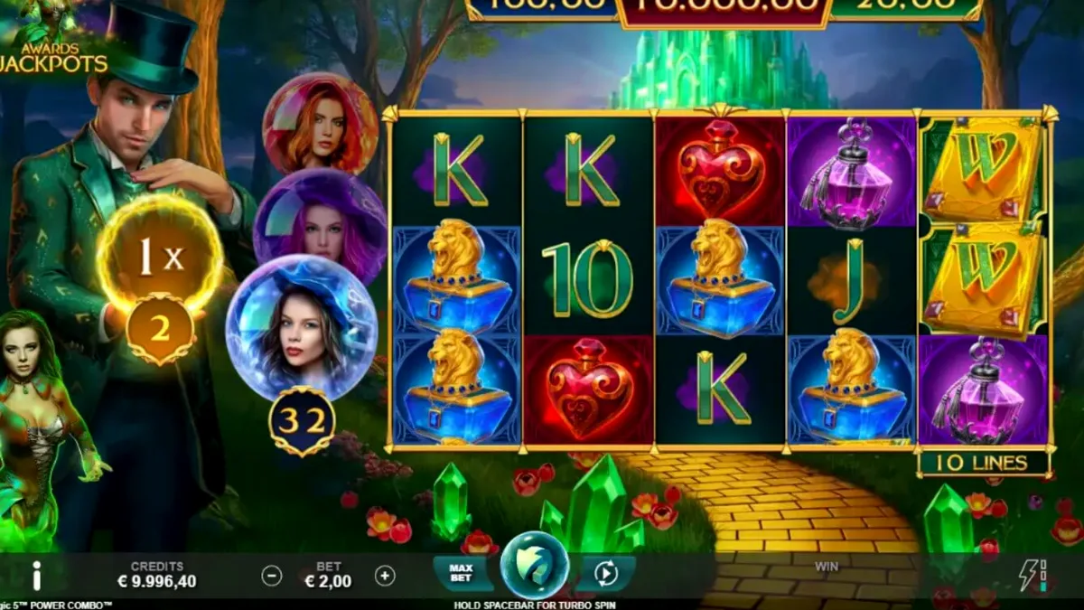Cena mágica do slot Book of Oz Magic 5 Power Combo com elementos de fantasia